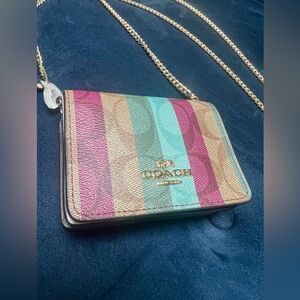 Coach Rainbow Striped Leather Crossbody Wallet with Gold Chain